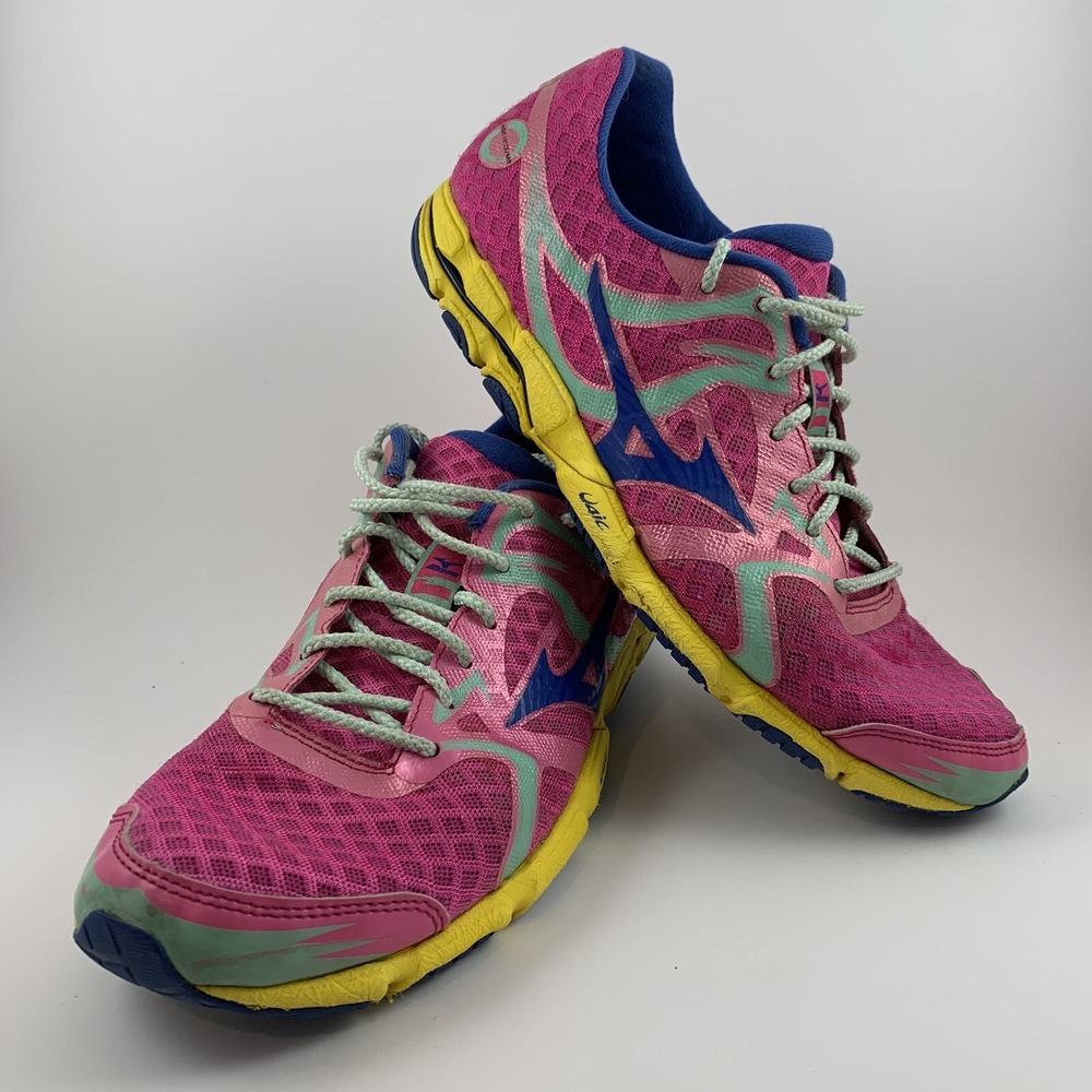 Mizuno Wave Hitogami Womens 9.5 Pink Yellow Blue Running Shoes J1GB148027